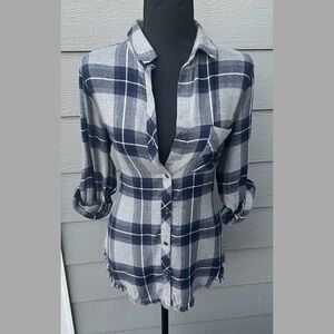 NWT Bella Dahl Womens Plaid Flannel Blue Button Up Shirt, Sz XS